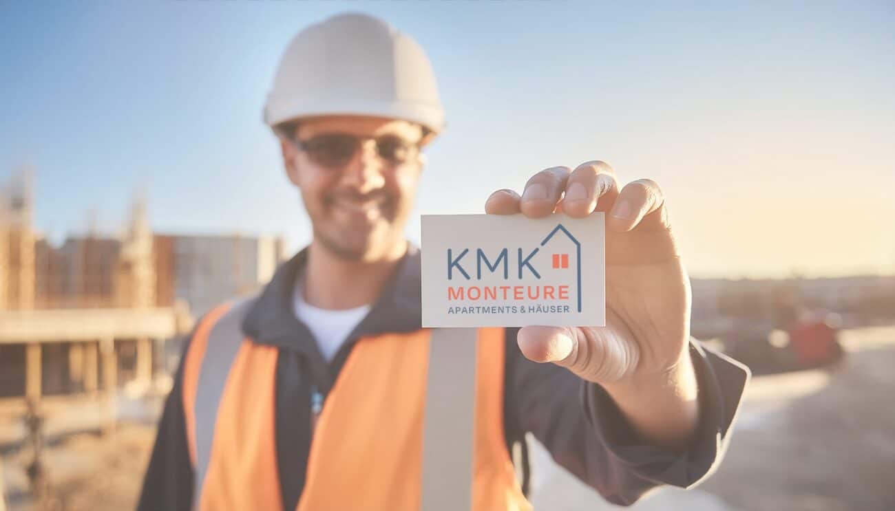 Ein Monteur hält die Visitenkarte von KMK Monteure dem Spezialisten für Monteurunterkünften im Saarland, Grenze zu Luxemburg